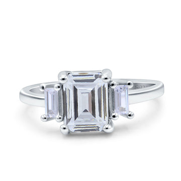 Emerald Cut Art Deco Three Stone Wedding Ring Simulated Cubic Zirconia 925 Sterling Silver